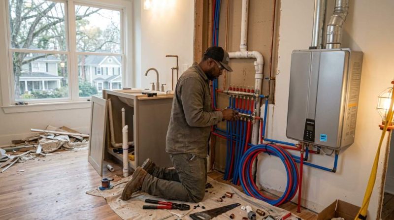 Modern Atlanta home renovation with upgraded PEX plumbing pipes installed behind bathroom walls