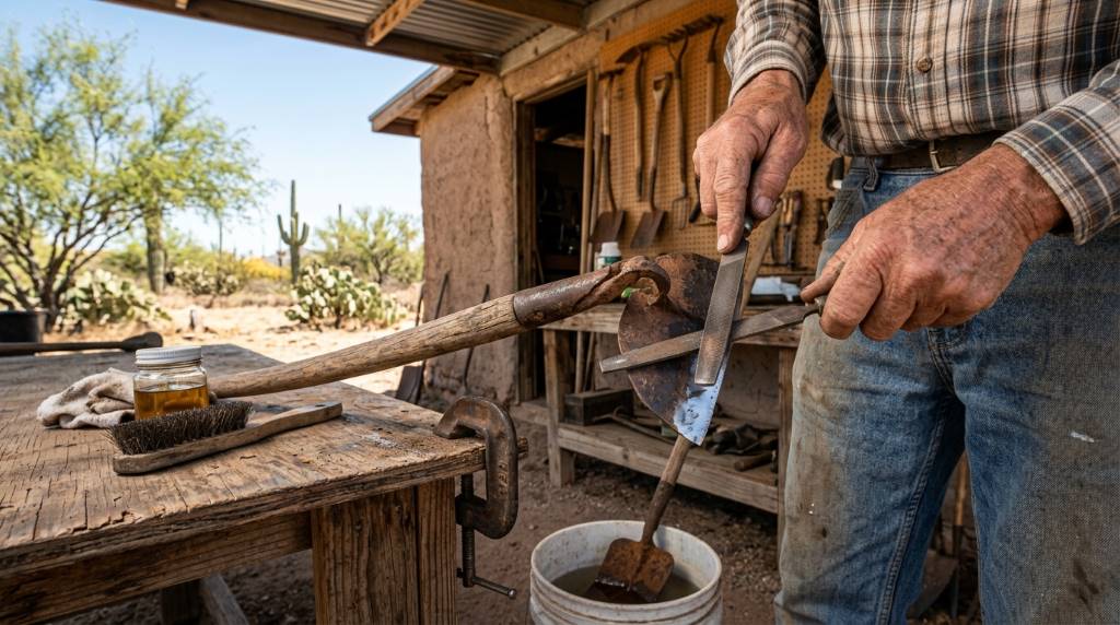 Rust removal and blade sharpening for vintage garden hoes in Tucson desert climate