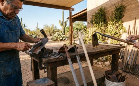Traditional garden hoe restoration process in a Tucson Arizona backyard workshop