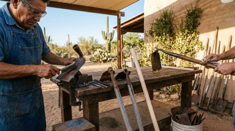 Traditional garden hoe restoration process in a Tucson Arizona backyard workshop