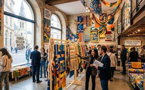 Colorful textile collection displayed at Paris Design Week 2026 showroom in Le Marais