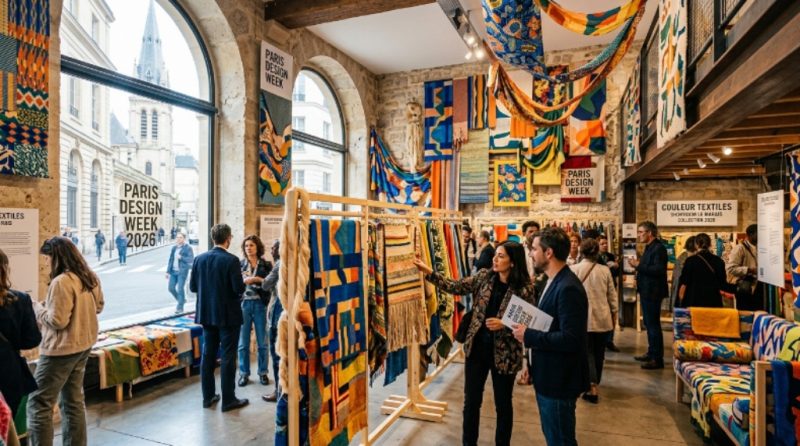 Colorful textile collection displayed at Paris Design Week 2026 showroom in Le Marais