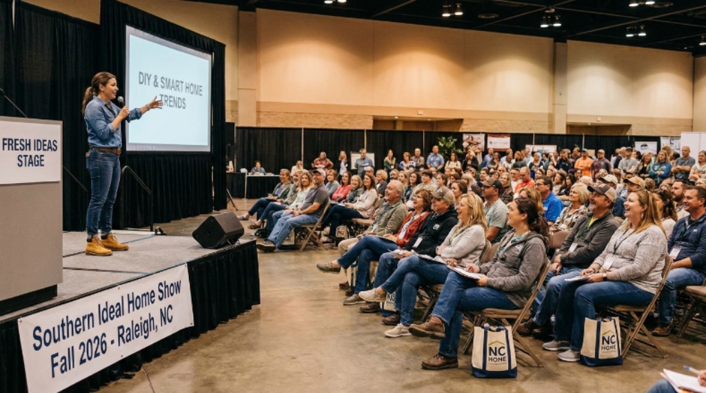 A home improvement expert presenting live on the Fresh Ideas Stage at the Southern Ideal Home Show Fall 2026, with an engaged audience of homeowners seated in front of the stage in Raleigh, NC