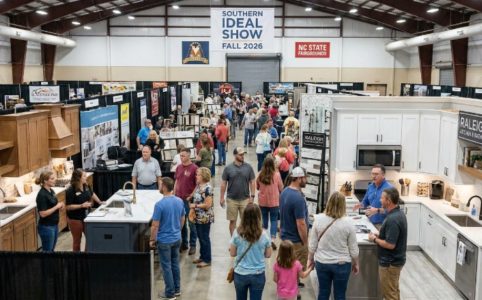 Families and homeowners browsing kitchen and bathroom remodeling exhibitor booths inside the Jim Graham Building at the Southern Ideal Home Show Fall 2026 at the North Carolina State Fairgrounds in Raleigh