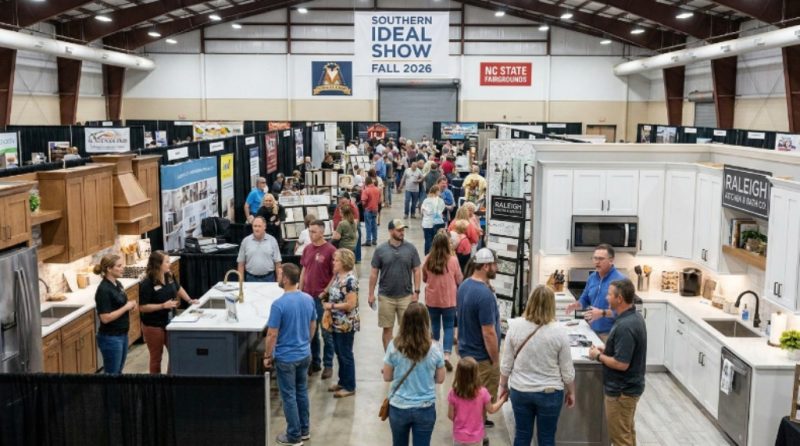 Families and homeowners browsing kitchen and bathroom remodeling exhibitor booths inside the Jim Graham Building at the Southern Ideal Home Show Fall 2026 at the North Carolina State Fairgrounds in Raleigh