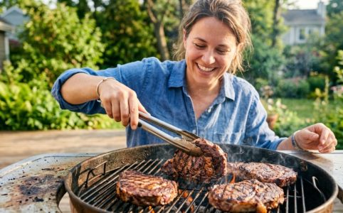 Juicy burgers cooking on a modern backyard BBQ grill during a sunny day.