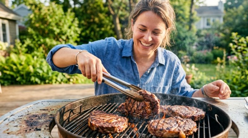 Juicy burgers cooking on a modern backyard BBQ grill during a sunny day.