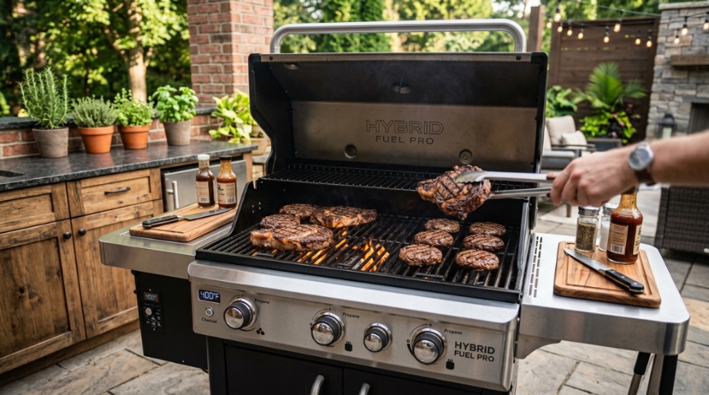 A person using silver tongs to flip seasoned steaks on a smoking outdoor grill.