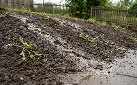 Homeowner preventing soil washout on a sloped backyard