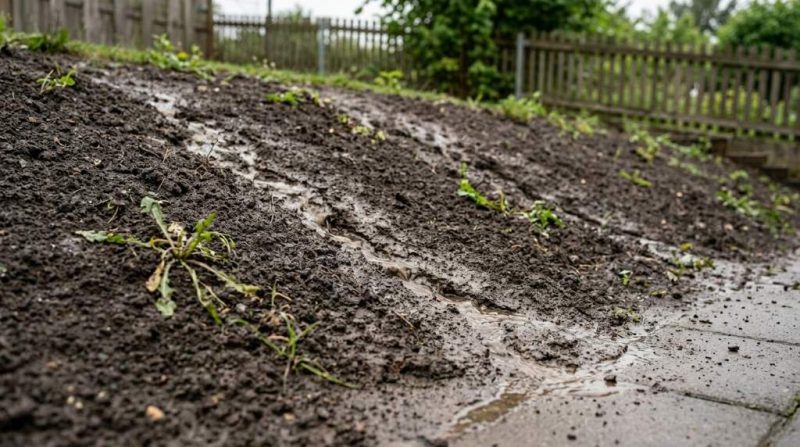 Homeowner preventing soil washout on a sloped backyard