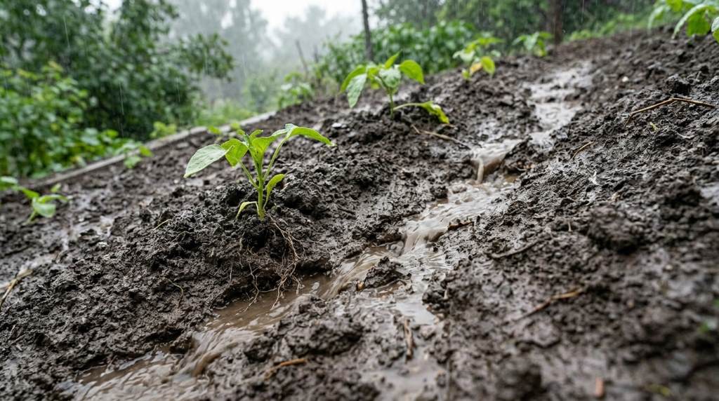 Mulched garden bed protecting soil from heavy rainfall