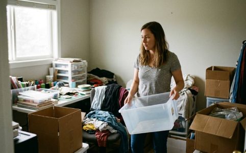 Organized living room after decluttering without selling
