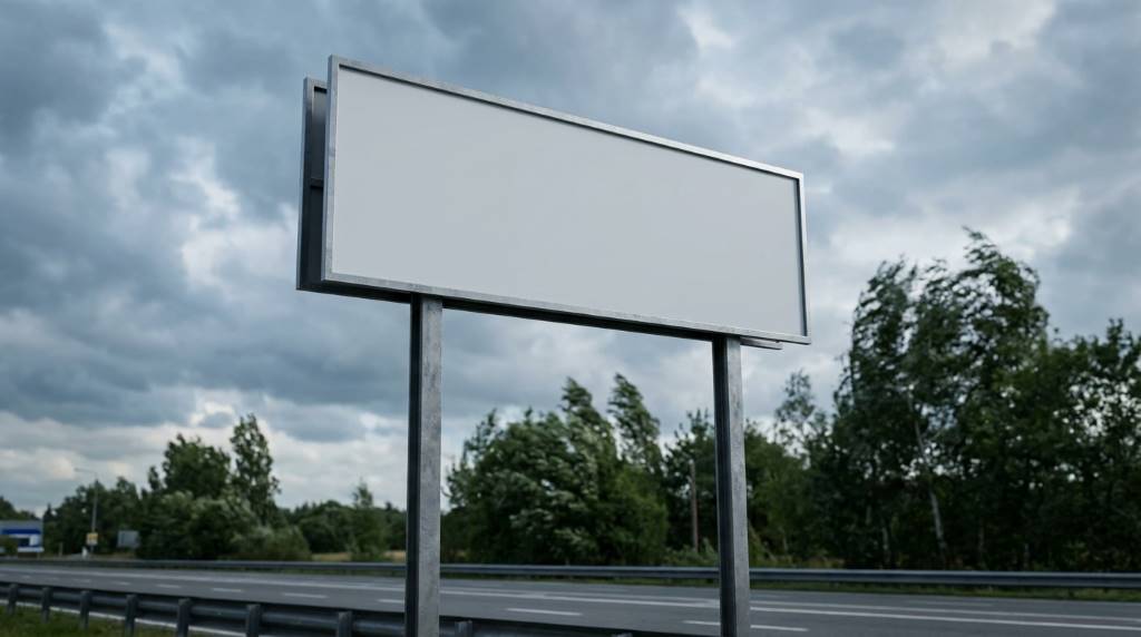 Worker inspecting outdoor sign hardware after a windstorm