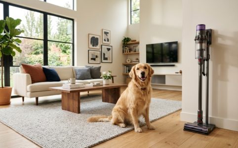 A golden retriever sits on a living room rug next to a modern stick vacuum.