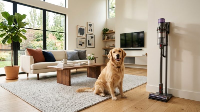A golden retriever sits on a living room rug next to a modern stick vacuum.
