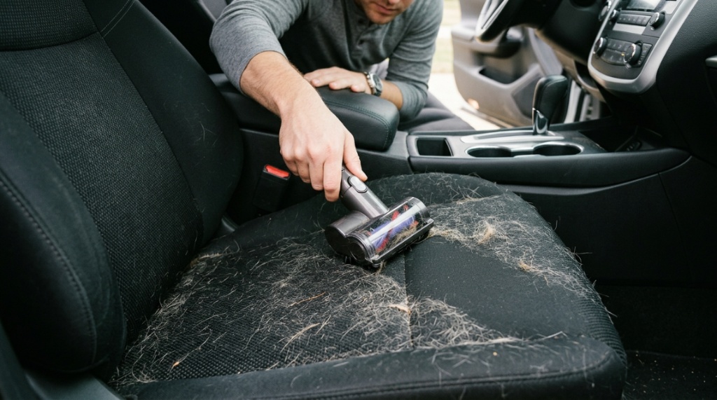 A person uses a compact vacuum attachment to clean white dog fur off black car seats.