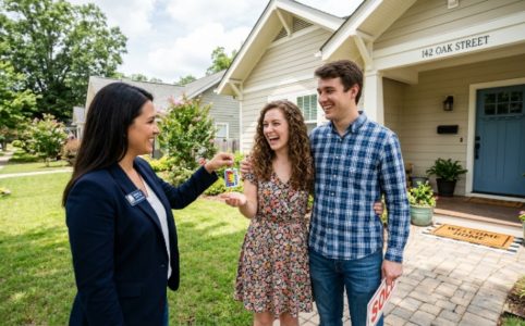Young first-time home buyers in Alabama receiving keys to their new home