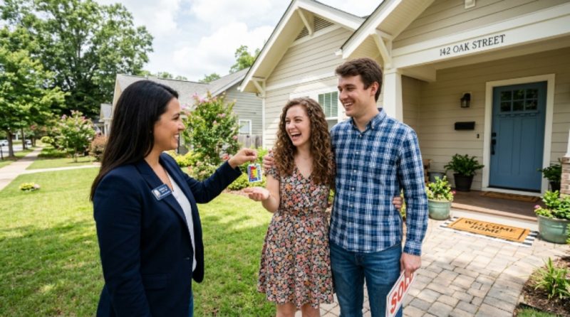 Young first-time home buyers in Alabama receiving keys to their new home