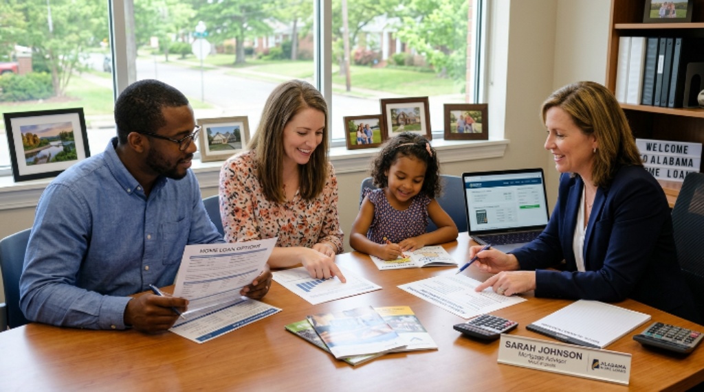 Family reviewing affordable home loan options with a mortgage advisor in Alabama
