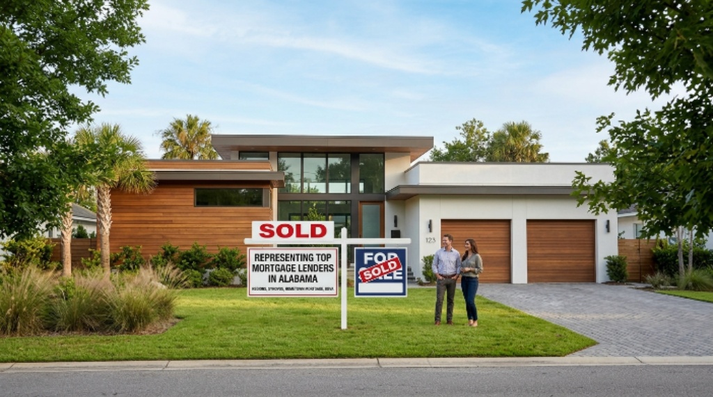 Modern house with a sold sign representing top mortgage lenders in Alabama
