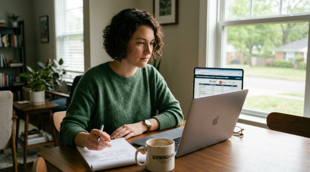 Homebuyer comparing Alabama mortgage lenders and loan options on a laptop