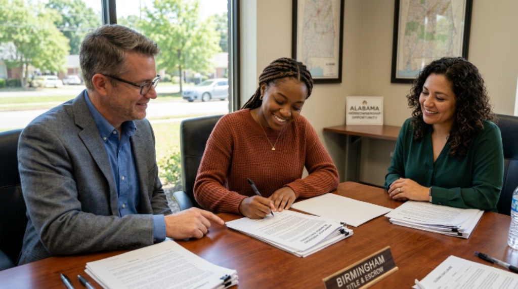 First-time homebuyer in Alabama signing mortgage documents at closing