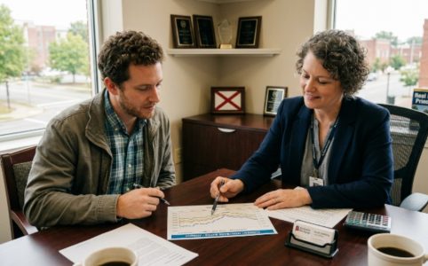 Alabama homebuyer reviewing current mortgage rates chart with lender