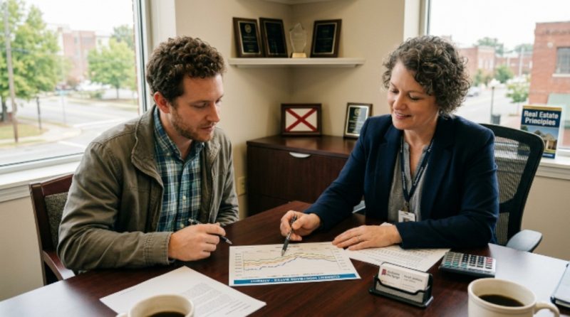 Alabama homebuyer reviewing current mortgage rates chart with lender