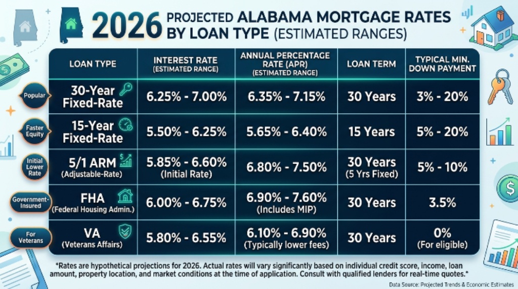 Comparison table of current mortgage rates in Alabama by loan type 2026