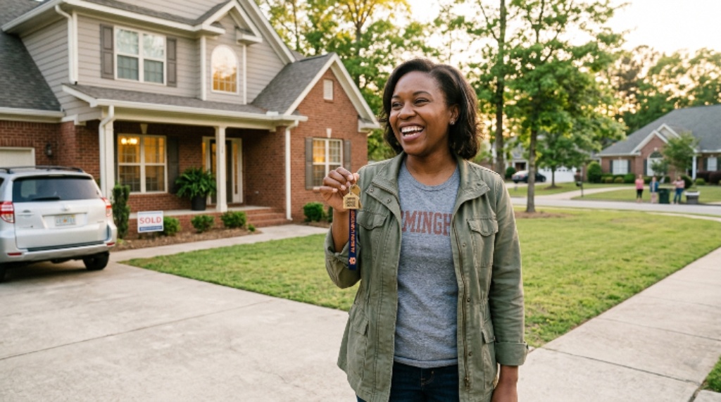 Alabama homebuyer holding house keys in front of a newly purchased suburban home