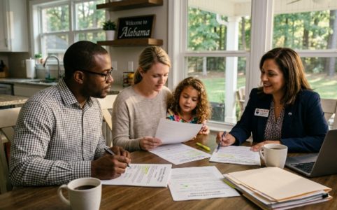 Family reviewing paperwork while buying a house in Alabama with a real estate agent