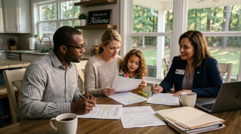 Family reviewing paperwork while buying a house in Alabama with a real estate agent