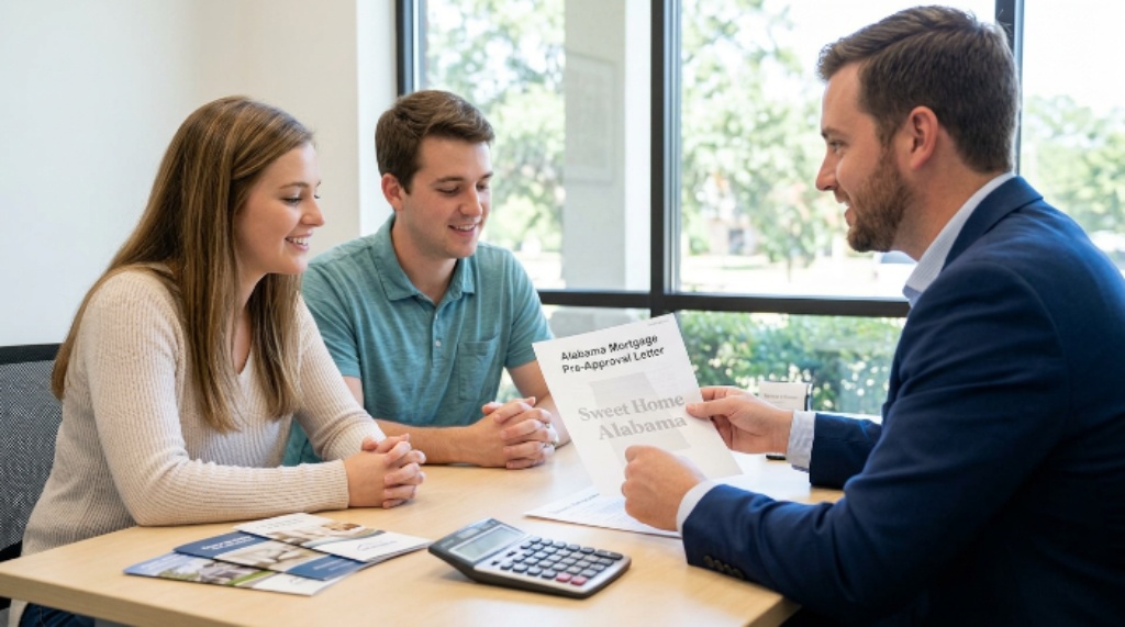 Step-by-step home buying process in Alabama showing mortgage, inspection, and closing documents