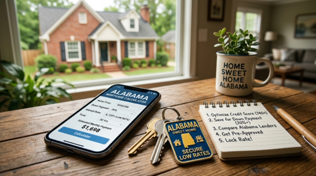 Mortgage calculator and house keys illustrating how to secure low mortgage rates in Alabama