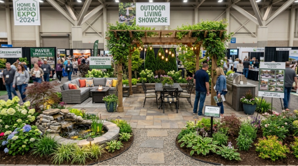 Outdoor patio and landscaping display at a home improvement expo