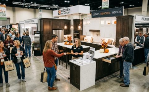 Visitors browsing kitchen remodeling booths at a fall home show