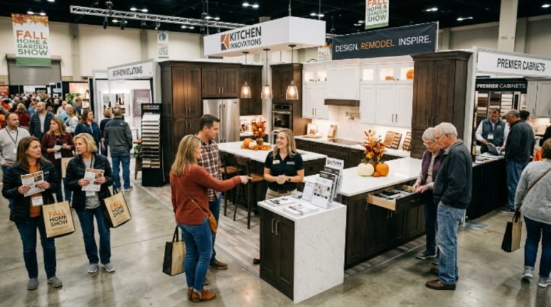 Visitors browsing kitchen remodeling booths at a fall home show