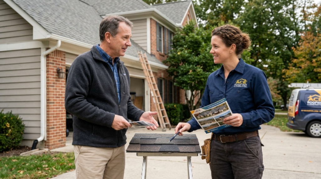 Homeowner talking with a contractor about roofing options