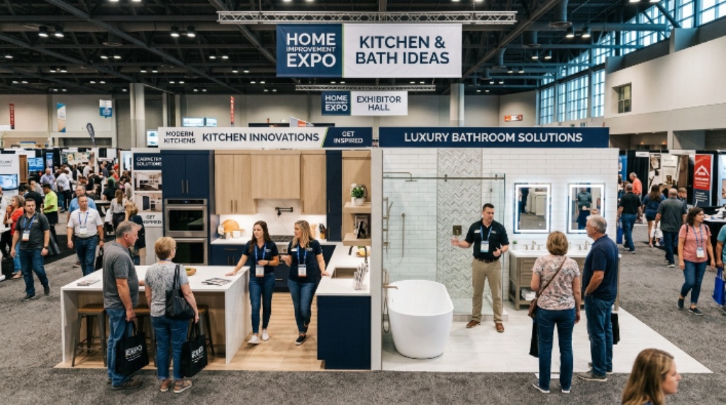 Home improvement exhibitors showcasing kitchen and bathroom designs