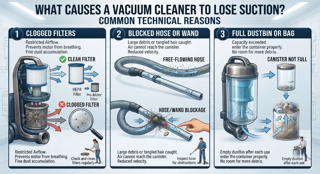 Common causes of vacuum cleaner suction loss
