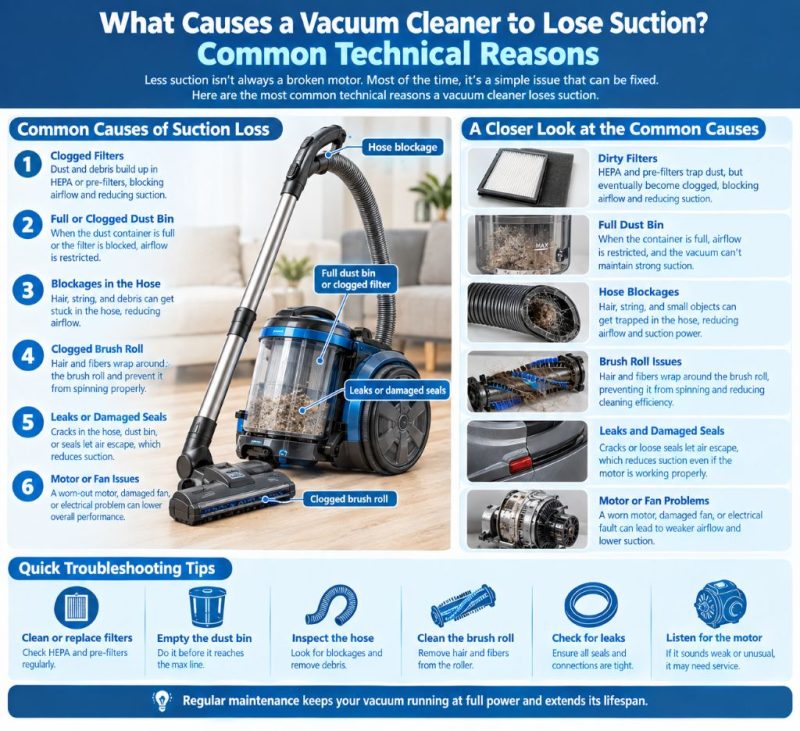 Checking a vacuum cleaner for clogged filters and hoses