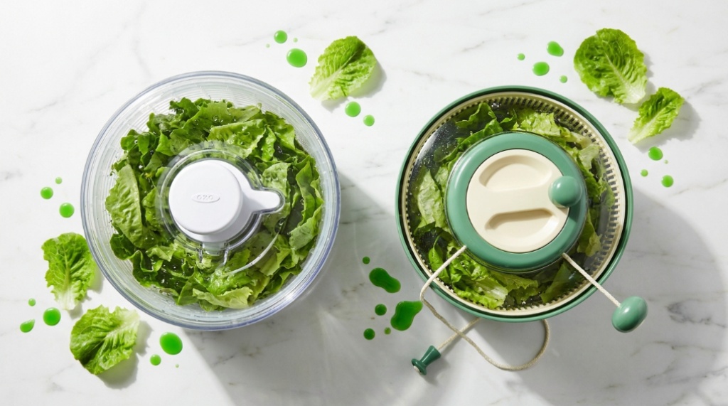 Hands pressing the pump mechanism on a clear OXO salad spinner.