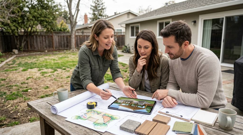 Landscape designer showing patio and outdoor living ideas to a homeowner