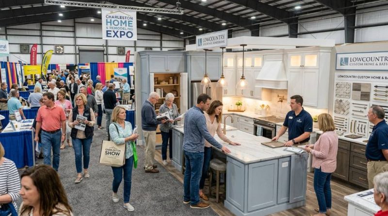Visitors browsing kitchen and remodeling displays at a Charleston home expo