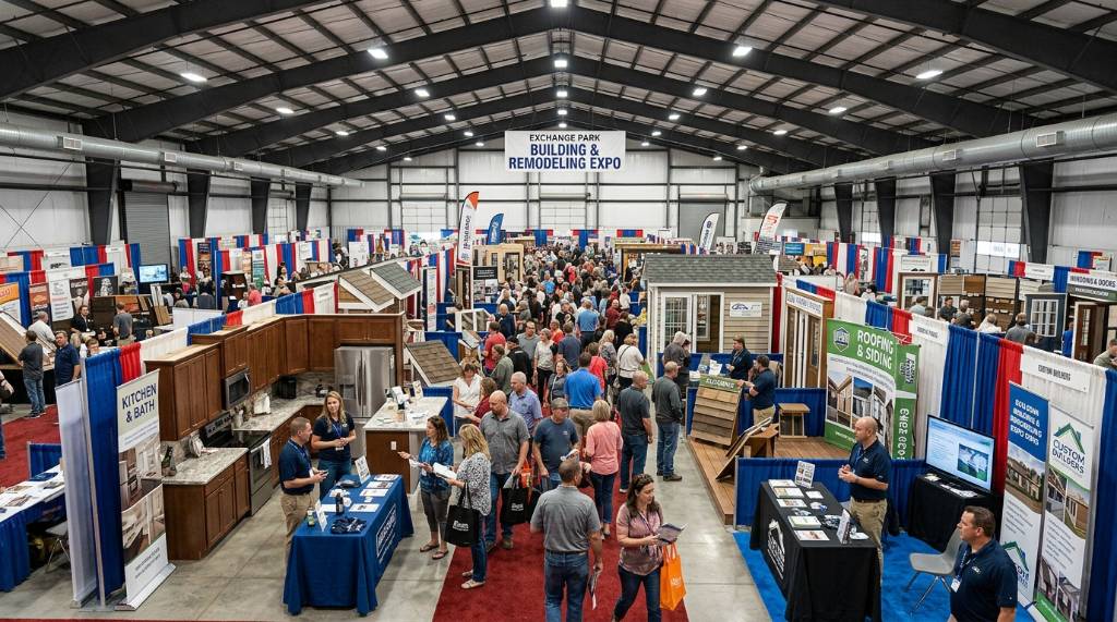 Exchange Park Fairgrounds exhibit hall filled with building and remodeling booths
