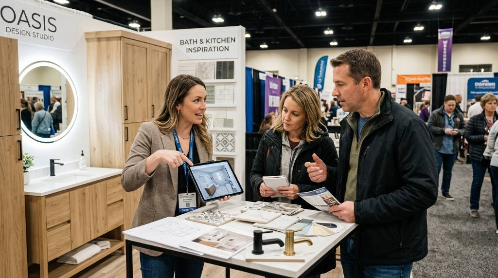 Interior designer discussing bathroom design ideas with a homeowner at an expo booth