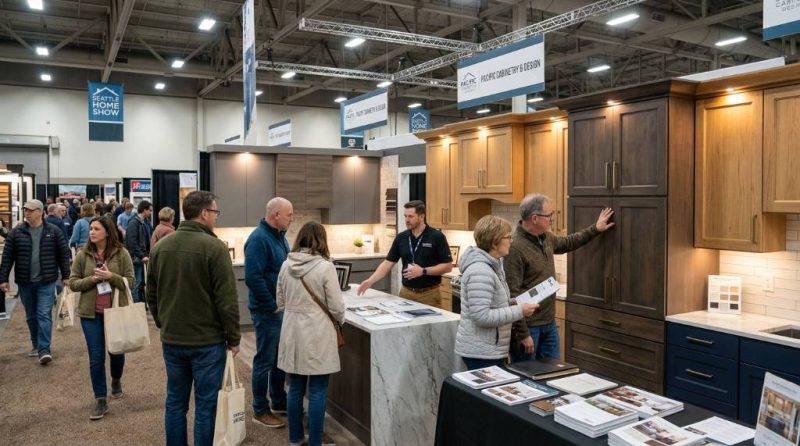 Visitors browsing kitchen cabinet displays at a Seattle home remodeling show