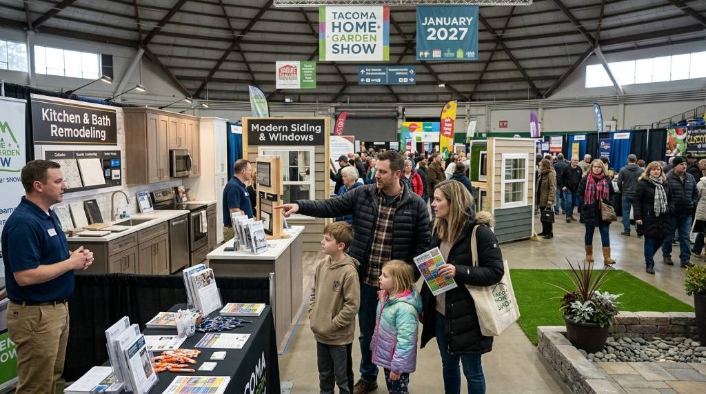 A family browsing home improvement exhibits at the Tacoma Home + Garden Show in January 2027