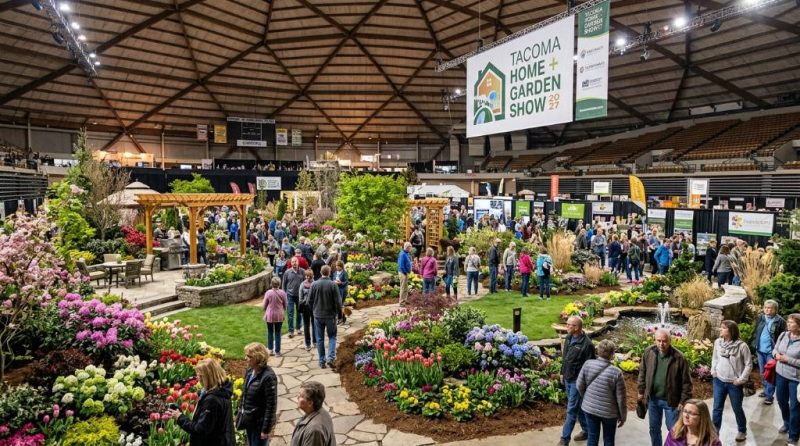 Visitors exploring colorful display gardens inside the Tacoma Dome at the Tacoma Home + Garden Show 2027