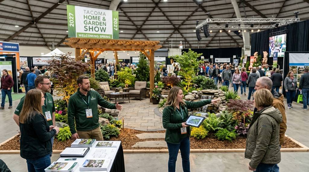 Professional landscape designers presenting a backyard garden display at the 2027 Tacoma Home and Garden Show